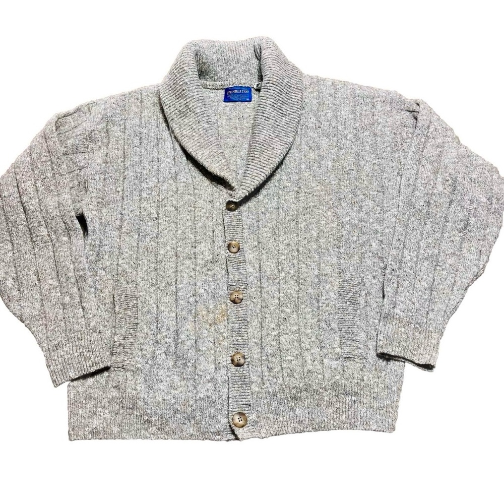 Vintage Pendleton Wool Cardigan Mens Cable Knit Shawl‎ Collar Gray Beige Medium